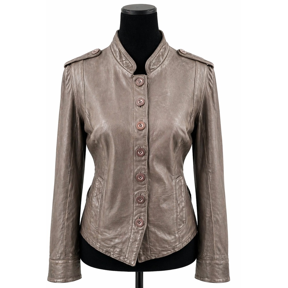 Peruvian‎ Connection Womens Mandarin Collar Biker Jacket Size 14 Brown Leather